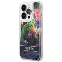 Guess Flower Liquid Glitter dėklas iPhone 14 Pro - mėlynas