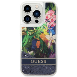 Guess Flower Liquid Glitter dėklas iPhone 14 Pro - mėlynas