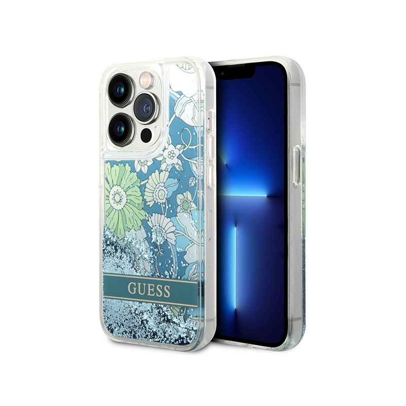 Guess Flower Liquid Glitter dėklas iPhone 14 Pro - žalias