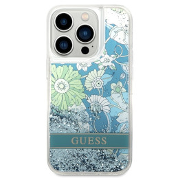 Guess Flower Liquid Glitter dėklas iPhone 14 Pro - žalias