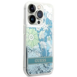 Guess Flower Liquid Glitter dėklas iPhone 14 Pro - žalias