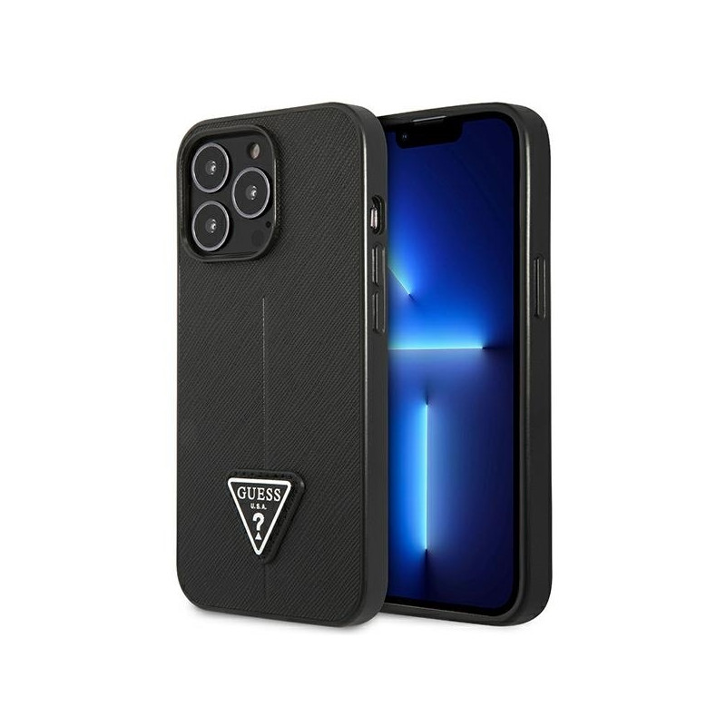 Guess Saffiano Triangle Logo dėklas, skirtas iPhone 14 Pro - juodas