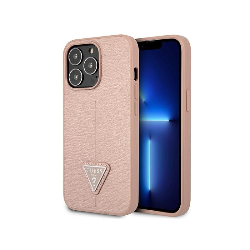 Guess Saffiano Triangle Logo dėklas iPhone 14 Pro - rožinis