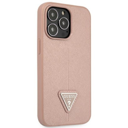 Guess Saffiano Triangle Logo dėklas iPhone 14 Pro - rožinis