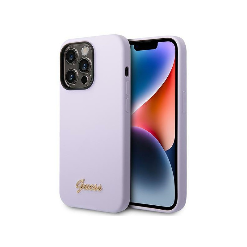 Guess Silicone Vintage Gold Logo dėklas, skirtas iPhone 14 Pro - violetinė