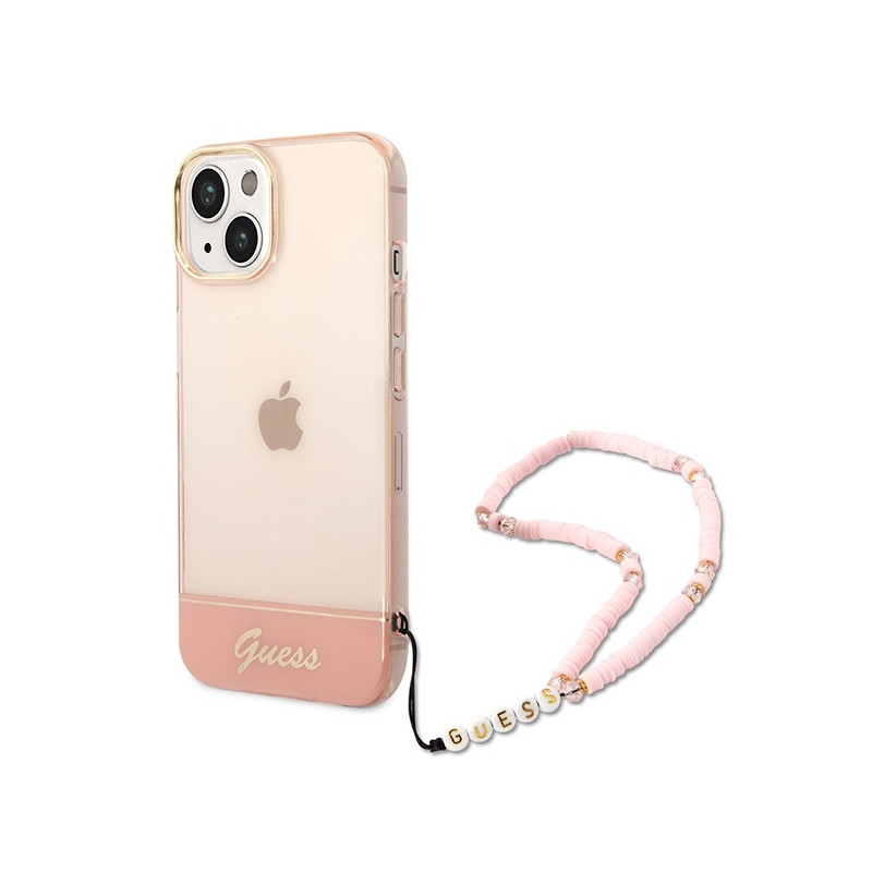 Guess Translucent Pearl Strap dėklas iPhone 14 Plus - rožinis