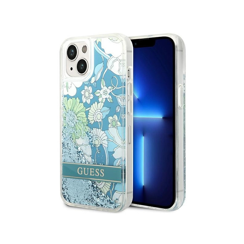 Guess Flower Liquid Glitter dėklas iPhone 14 Plus - žalias