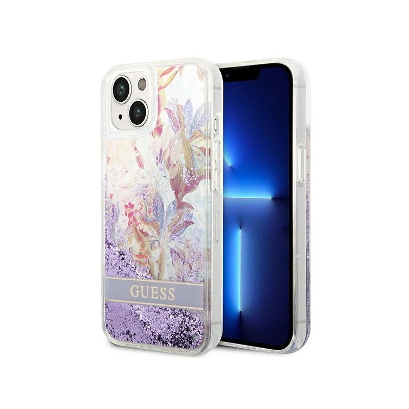 Guess Flower Liquid Glitter dėklas iPhone 14 Plus - violetinis
