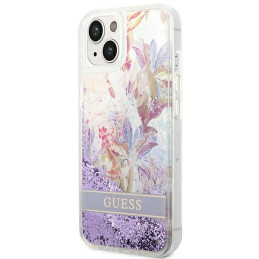 Guess Flower Liquid Glitter dėklas iPhone 14 Plus - violetinis