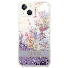 Guess Flower Liquid Glitter dėklas iPhone 14 Plus - violetinis