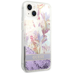 Guess Flower Liquid Glitter dėklas iPhone 14 Plus - violetinis