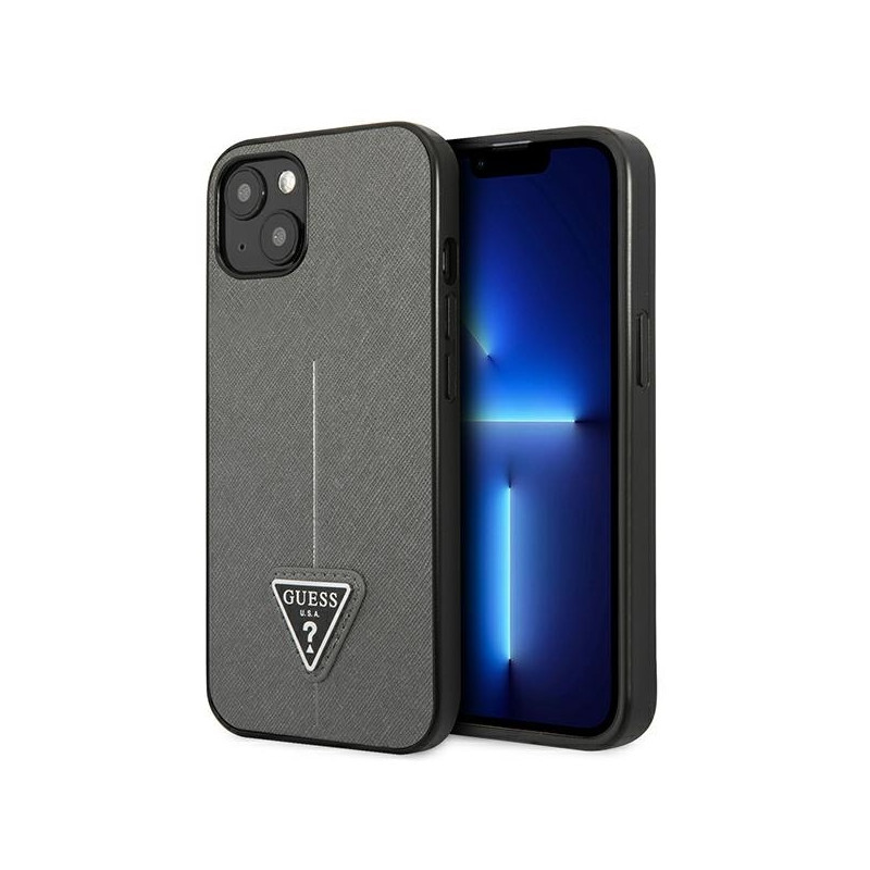 Guess Saffiano Triangle Logo dėklas iPhone 14 Plus - sidabrinis