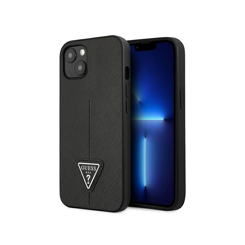 Guess Saffiano Triangle Logo dėklas, skirtas iPhone 14 Plus - juodas