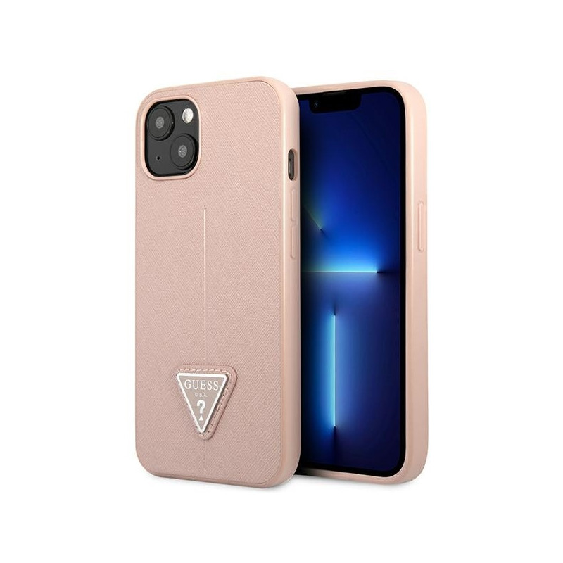 Guess Saffiano Triangle Logo dėklas iPhone 14 Plus - rožinis