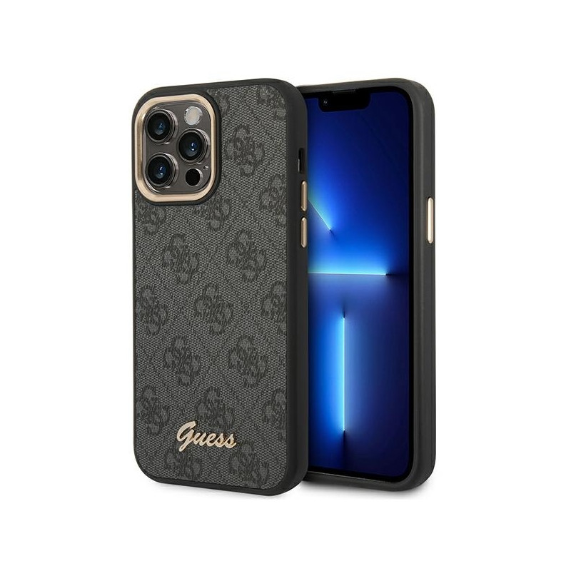Guess 4G Vintage Gold Logo dėklas, skirtas iPhone 14 Pro Max - juodas