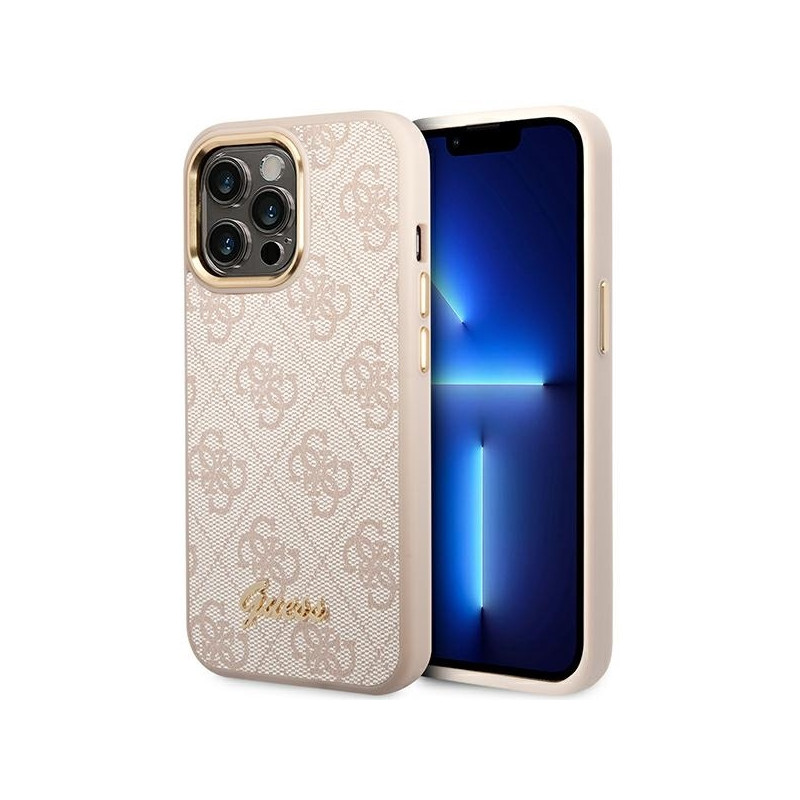 Guess 4G Vintage Gold Logo dėklas, skirtas iPhone 14 Pro Max - rožinis