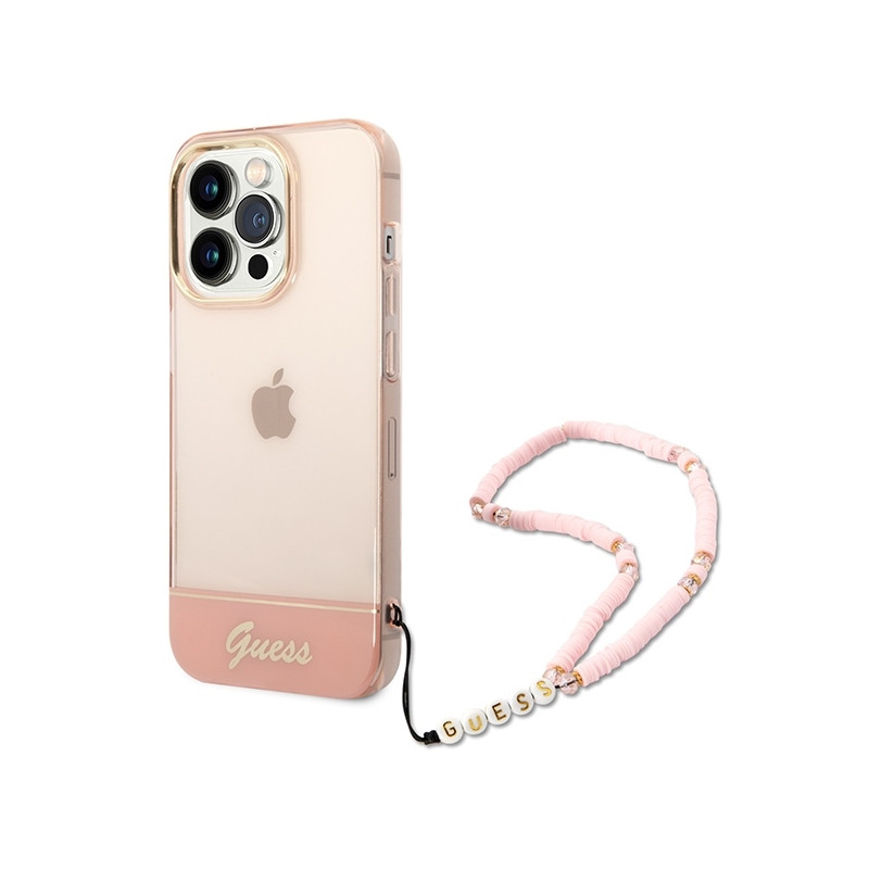 Guess Translucent Pearl Strap dėklas, skirtas iPhone 14 Pro Max - rožinis