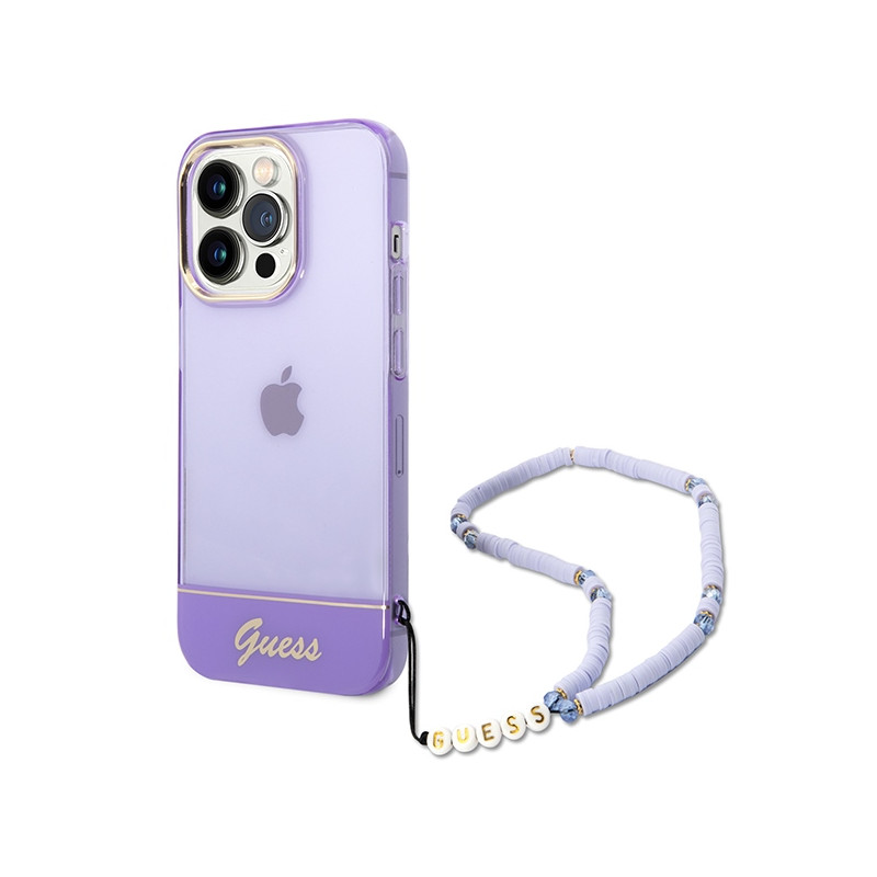 Guess Translucent Pearl Strap dėklas, skirtas iPhone 14 Pro Max - violetinė