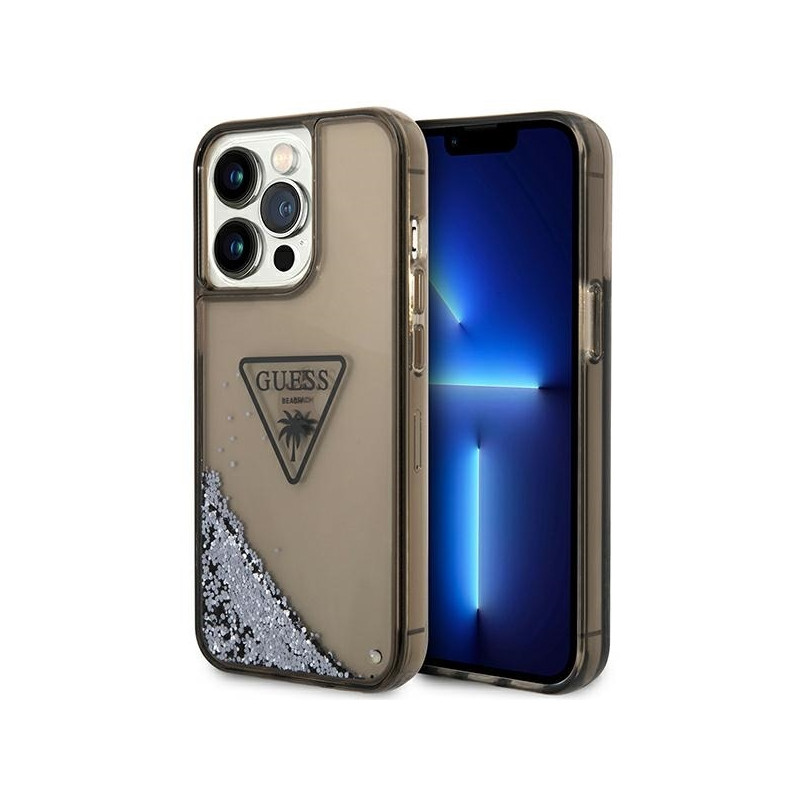 Guess Liquid Glitter Palm Collection dėklas, skirtas iPhone 14 Pro Max - juodas
