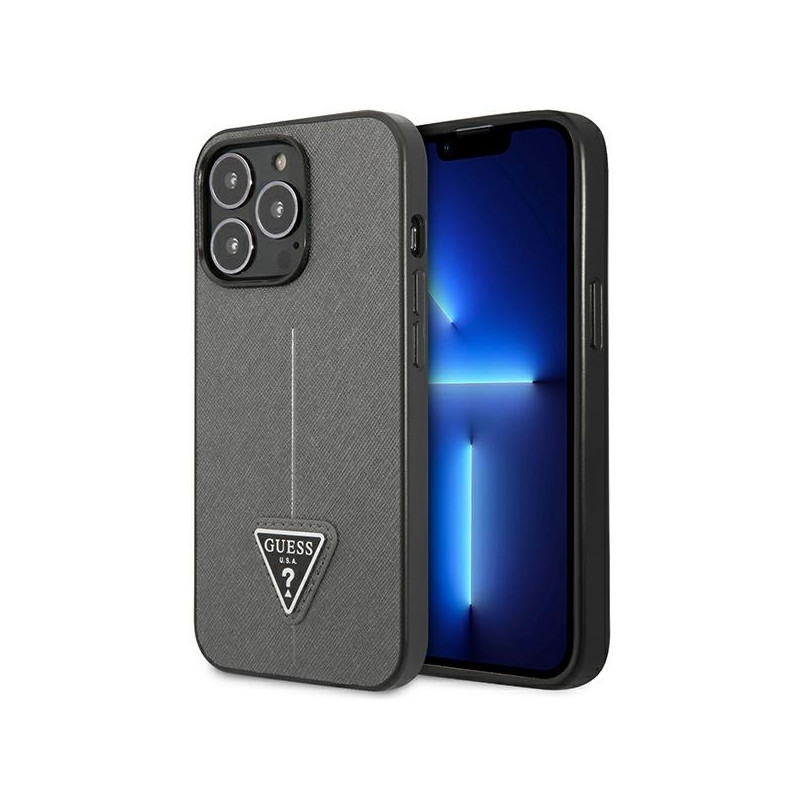 Guess Saffiano Triangle Logo dėklas, skirtas iPhone 14 Pro Max - sidabrinis