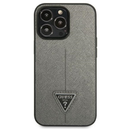 Guess Saffiano Triangle Logo dėklas, skirtas iPhone 14 Pro Max - sidabrinis
