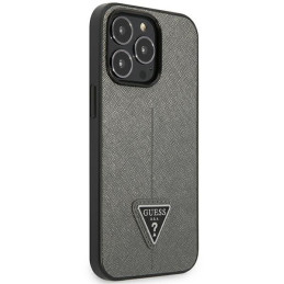 Guess Saffiano Triangle Logo dėklas, skirtas iPhone 14 Pro Max - sidabrinis
