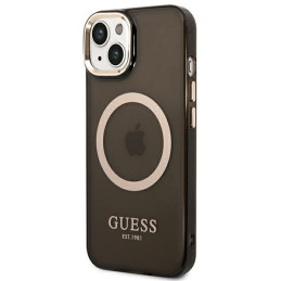 Guess Gold Outline permatomas MagSafe dėklas, skirtas iPhone 14 Plus - juodas