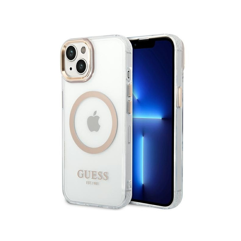 Guess Metal Outline MagSafe dėklas iPhone 14 Plus - auksinis
