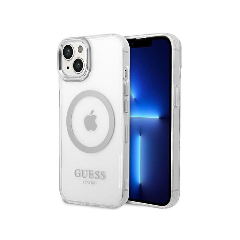 Guess Metal Outline MagSafe dėklas iPhone 14 Plus - sidabrinis