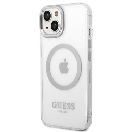 Guess Metal Outline MagSafe dėklas iPhone 14 Plus - sidabrinis