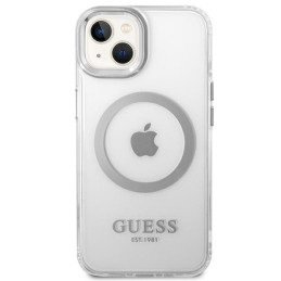 Guess Metal Outline MagSafe dėklas iPhone 14 Plus - sidabrinis
