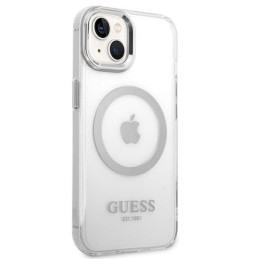 Guess Metal Outline MagSafe dėklas iPhone 14 Plus - sidabrinis