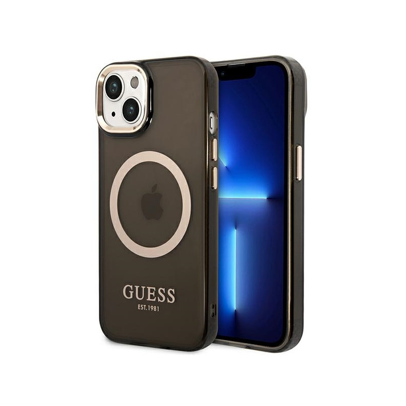 Guess Gold Outline permatomas MagSafe dėklas iPhone 14 - juodas