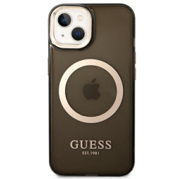 Guess Gold Outline permatomas MagSafe dėklas iPhone 14 - juodas