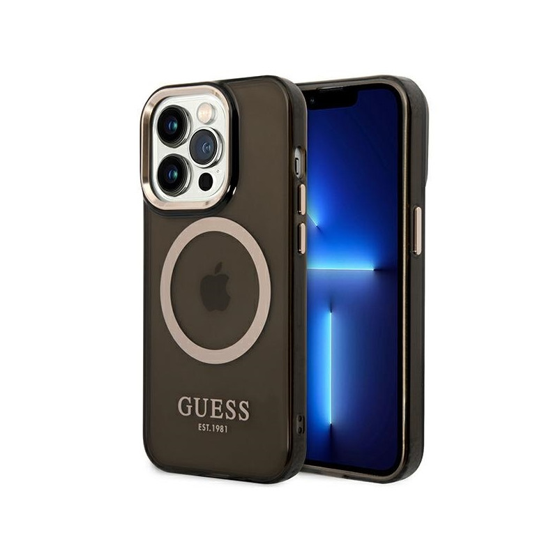 Guess Gold Outline permatomas MagSafe dėklas, skirtas iPhone 14 Pro Max - juodas