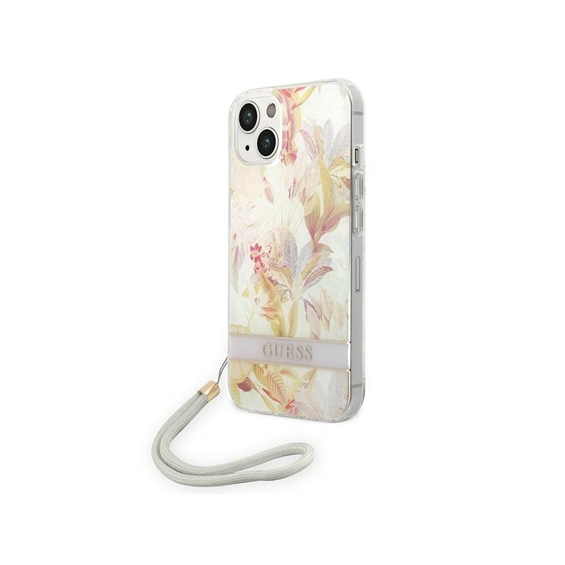 Guess Flower Strap dėklas iPhone 14 Plus - violetinis