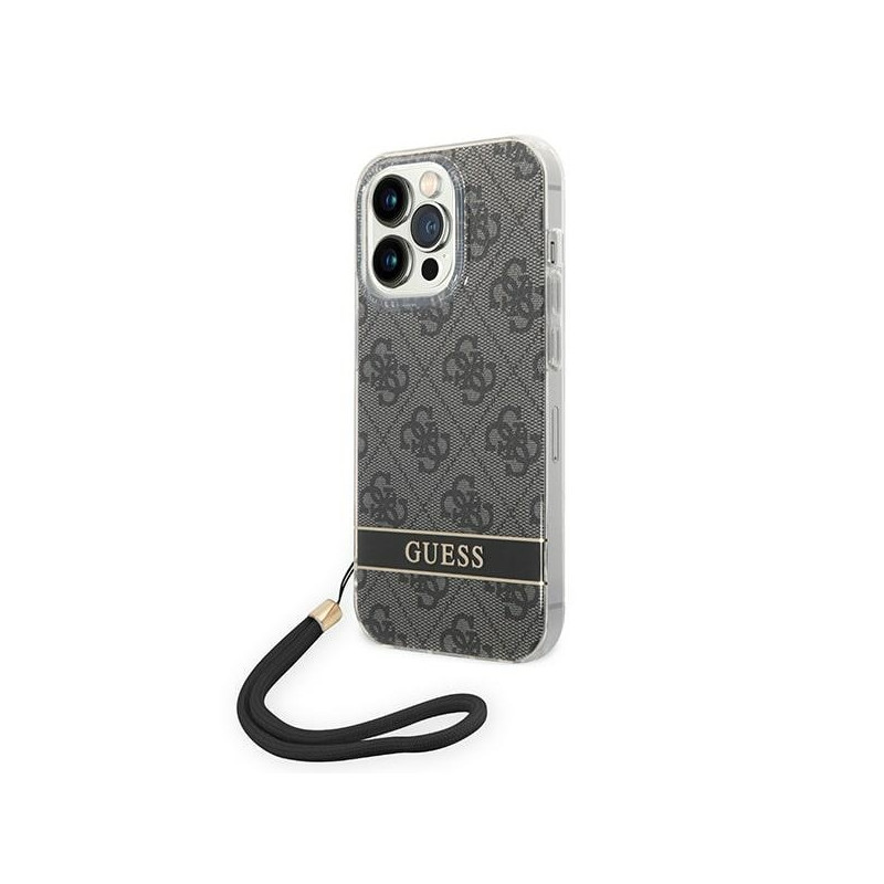 Guess 4G Print Strap dėklas, skirtas iPhone 14 Pro Max - juodas