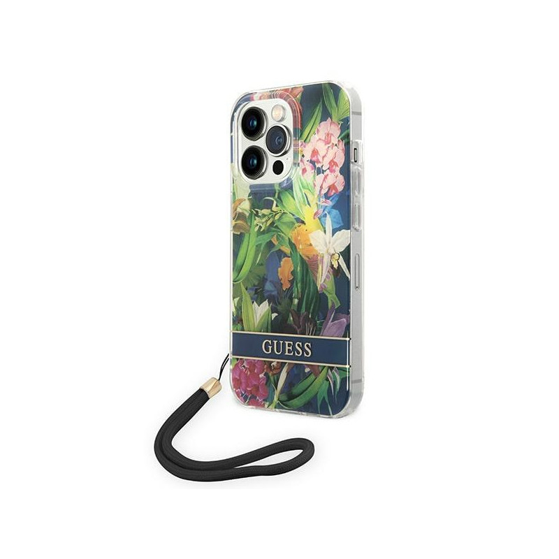 Guess Flower Strap dėklas iPhone 14 Pro Max - mėlynas