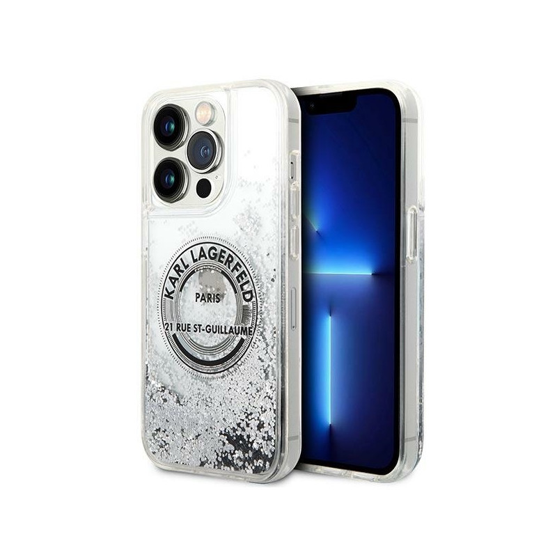 Karl Lagerfeld Liquid Glitter RSG dėklas iPhone 14 Pro - sidabrinis