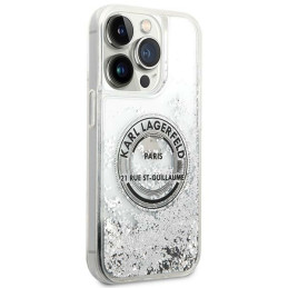 Karl Lagerfeld Liquid Glitter RSG dėklas iPhone 14 Pro - sidabrinis