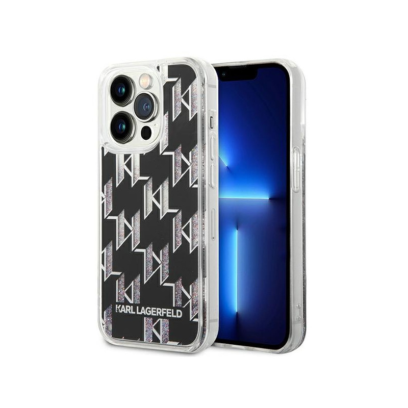Karl Lagerfeld Liquid Glitter Monogram dėklas iPhone 14 Pro - juodas