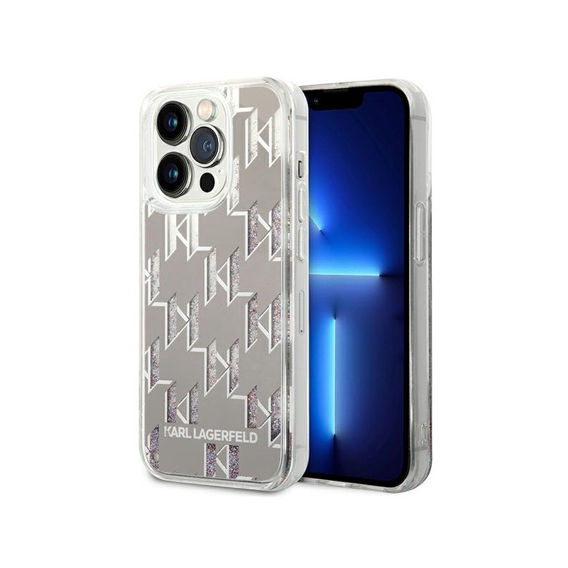 Karl Lagerfeld Liquid Glitter Monogram dėklas iPhone 14 Pro - sidabrinis