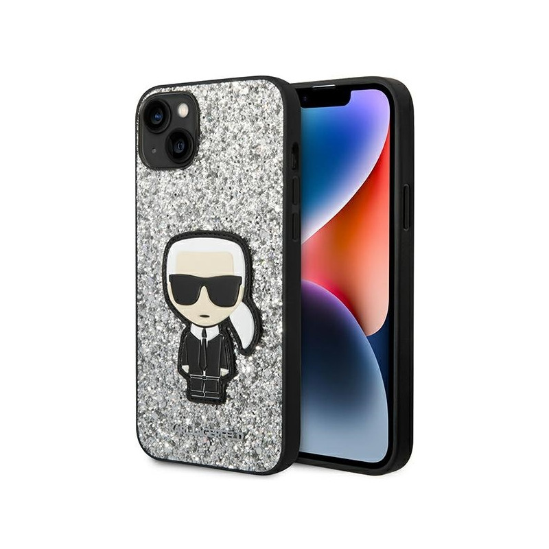 Karl Lagerfeld Glitter Flakes Ikonik dėklas iPhone 14 Plus - sidabrinis