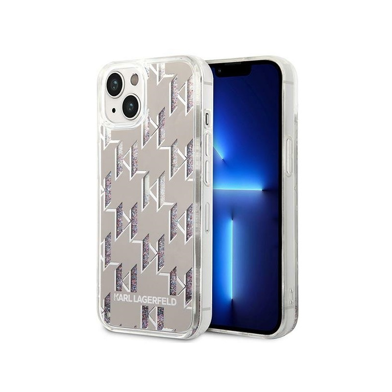 Karl Lagerfeld Liquid Glitter Monogram dėklas iPhone 14 Plus - sidabrinis