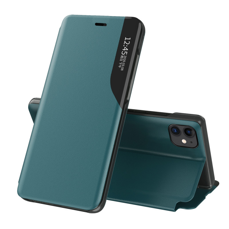 Eco Leather View Case, elegantiškas dėklas su atvartu ir stovo funkcija, skirtas iPhone 13 Pro, žalias