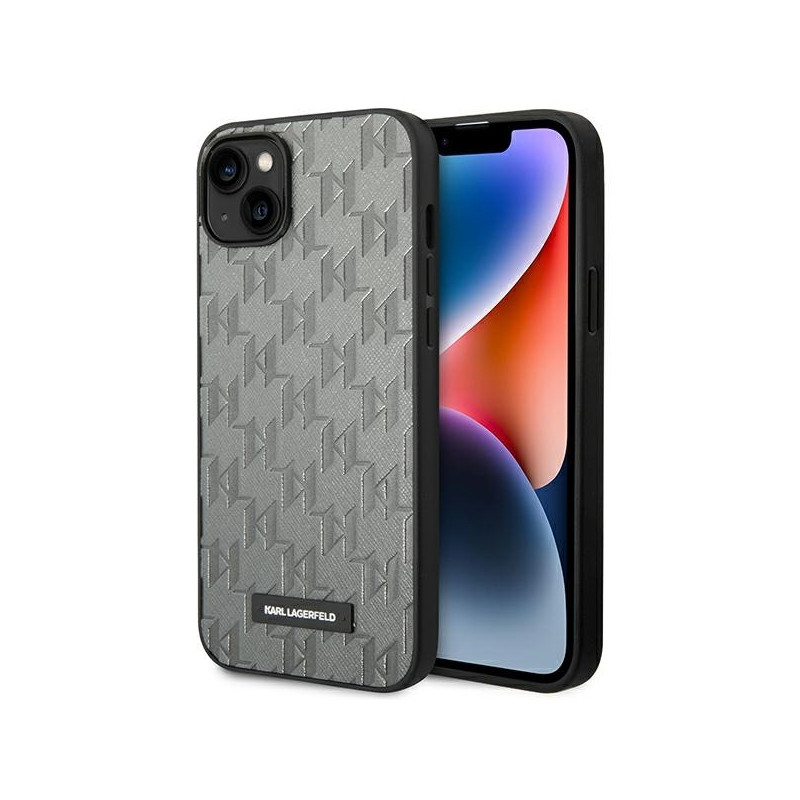 Karl Lagerfeld Saffiano Mono Metal Logo dėklas, skirtas iPhone 14 Plus - pilkas