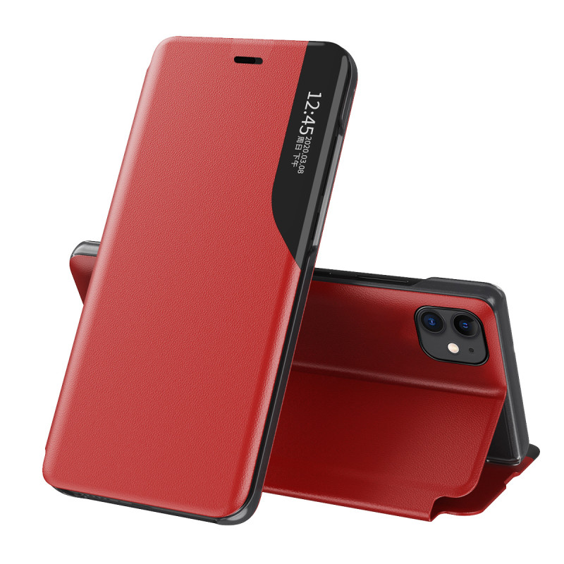 Eco Leather View Case, elegantiškas dėklas su atvartu ir stovo funkcija, skirtas iPhone 13 Pro, raudonas