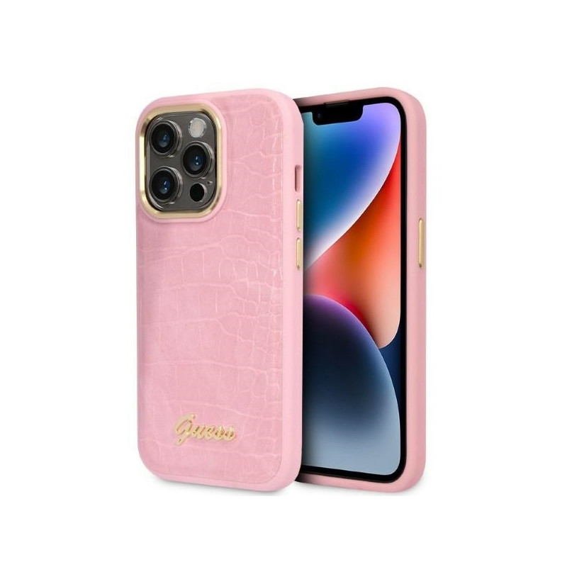 Guess Croco Collection dėklas iPhone 14 Pro - rožinis