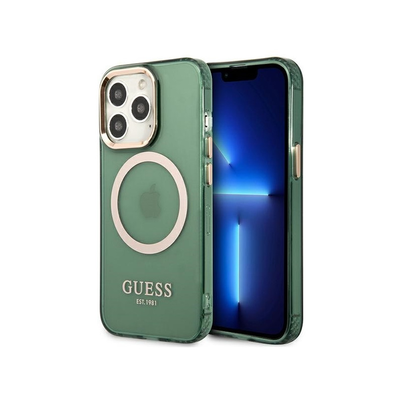 Guess Gold Outline permatomas MagSafe dėklas, skirtas iPhone 13 Pro / iPhone 13 - žalias