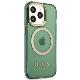 Guess Gold Outline permatomas MagSafe dėklas, skirtas iPhone 13 Pro / iPhone 13 - žalias